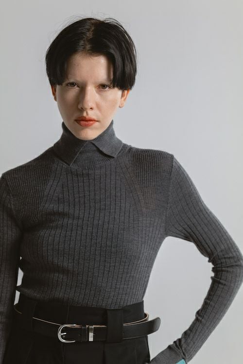 タートルネックタイトニット[C.GRAY/TURQUOISE] | CINOH